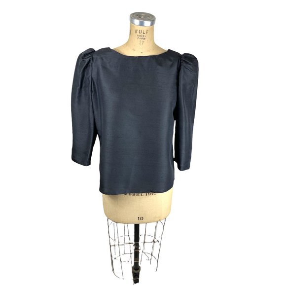1980s black silk blouse with puffed sleeves and back buttons Size L - Picture 1 of 6